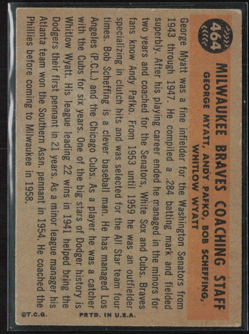 Scheffing Wyatt Pafko Myatt 1960 Topps #464 Milwaukee Braves