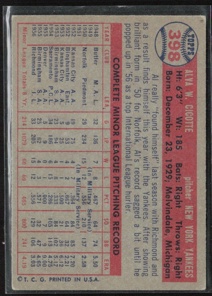 Al Cicotte 1957 Topps #398 New York Yankees