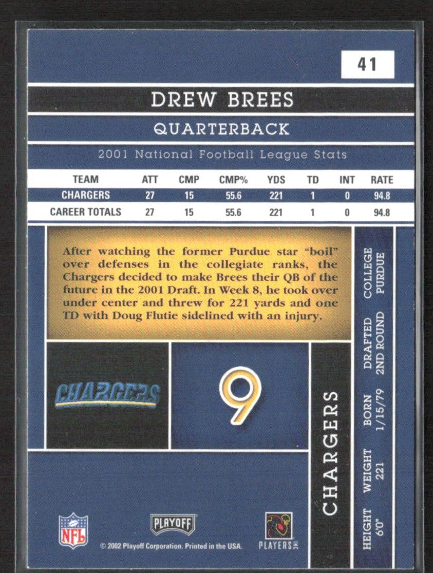 Drew Brees 2002 Playoff Absolute Memorabilia #41 San Diego Chargers
