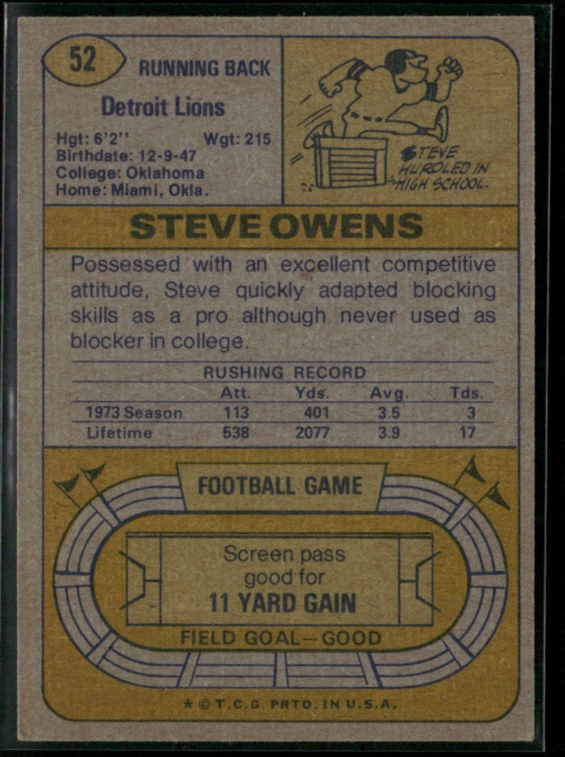 Steve Owens 1974 Topps #52 Detroit Lions
