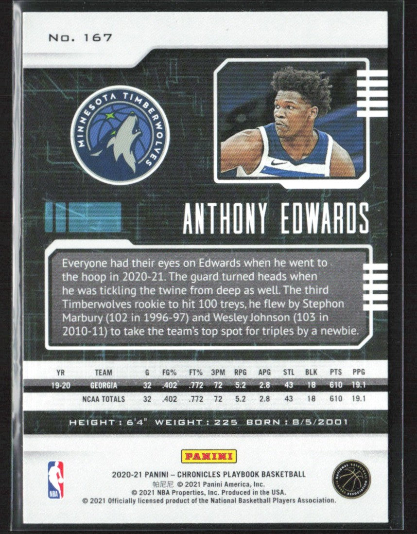 Anthony Edwards 2020 Panini Chronicles Playbook RC #167 Minnesota Timberwolves