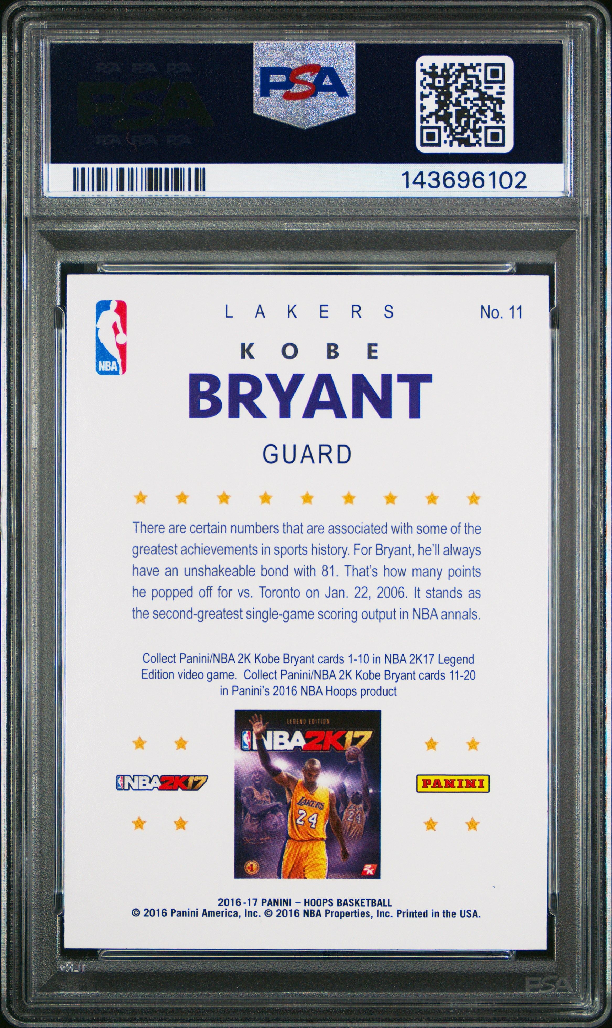 Kobe Bryant 2016 Panini Hoops 2K17 Hoops psa 10 #11 Los Angeles Lakers