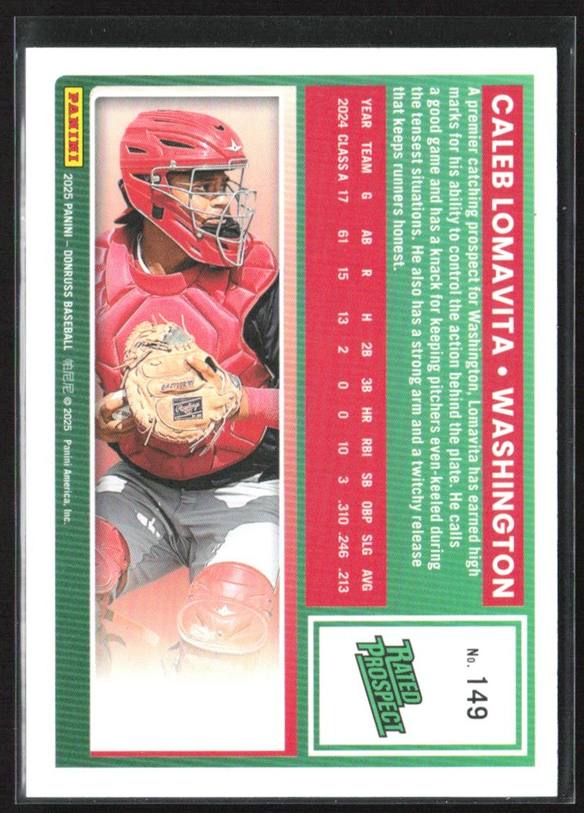 Caleb Lomavita 2025 Donruss Rated Prospect Red /250 #149 Washington Nationals