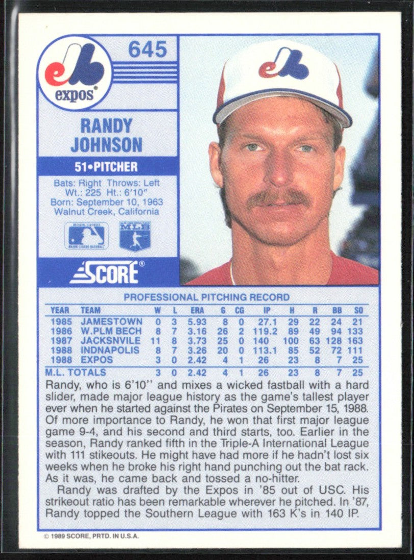 Randy Johnson 1989 Score RC #645 Montreal Expos