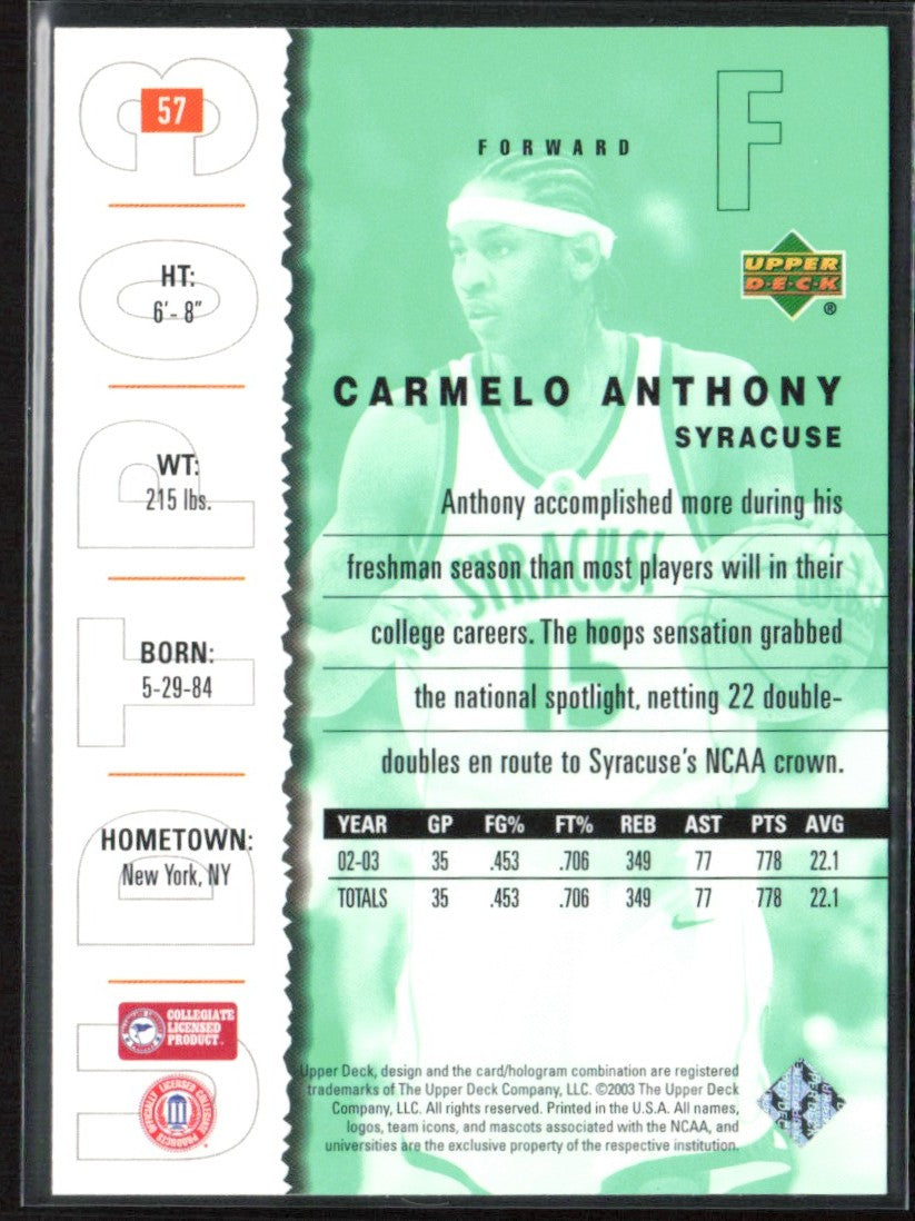 Carmelo Anthony 2003 UD Top Prospects #57 Syracuse Orangemen
