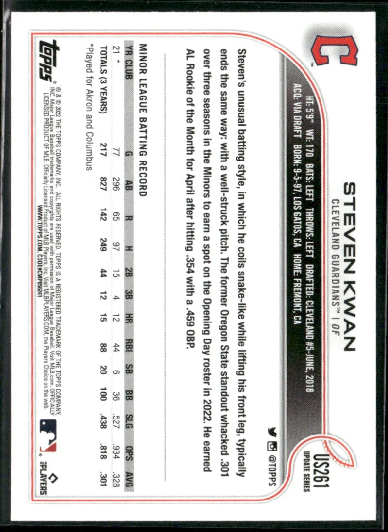Steven Kwan 2022 Topps Update RC #US261 Cleveland Guardians