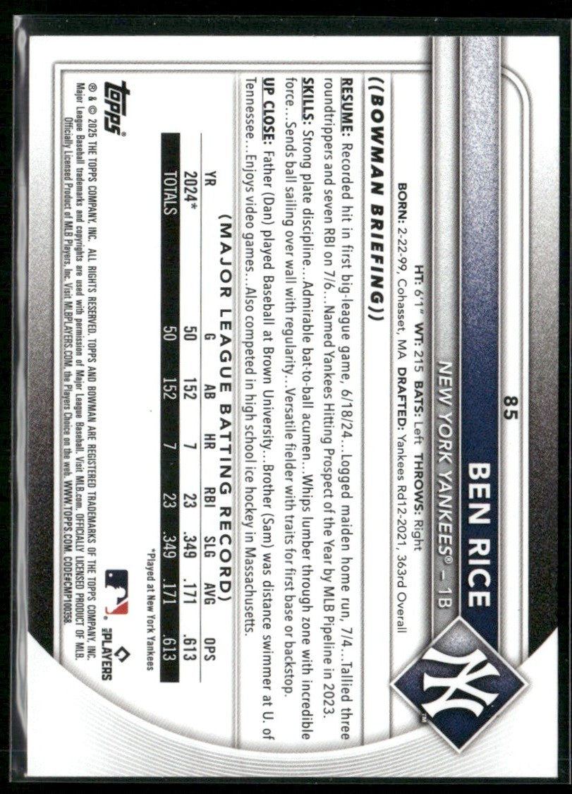 Ben Rice 2025 Bowman RC #85 New York Yankees