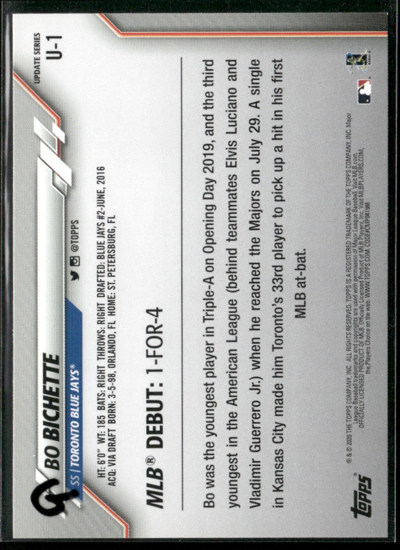 Bo Bichette 2020 Topps Update RC #U-1 Toronto Blue Jays