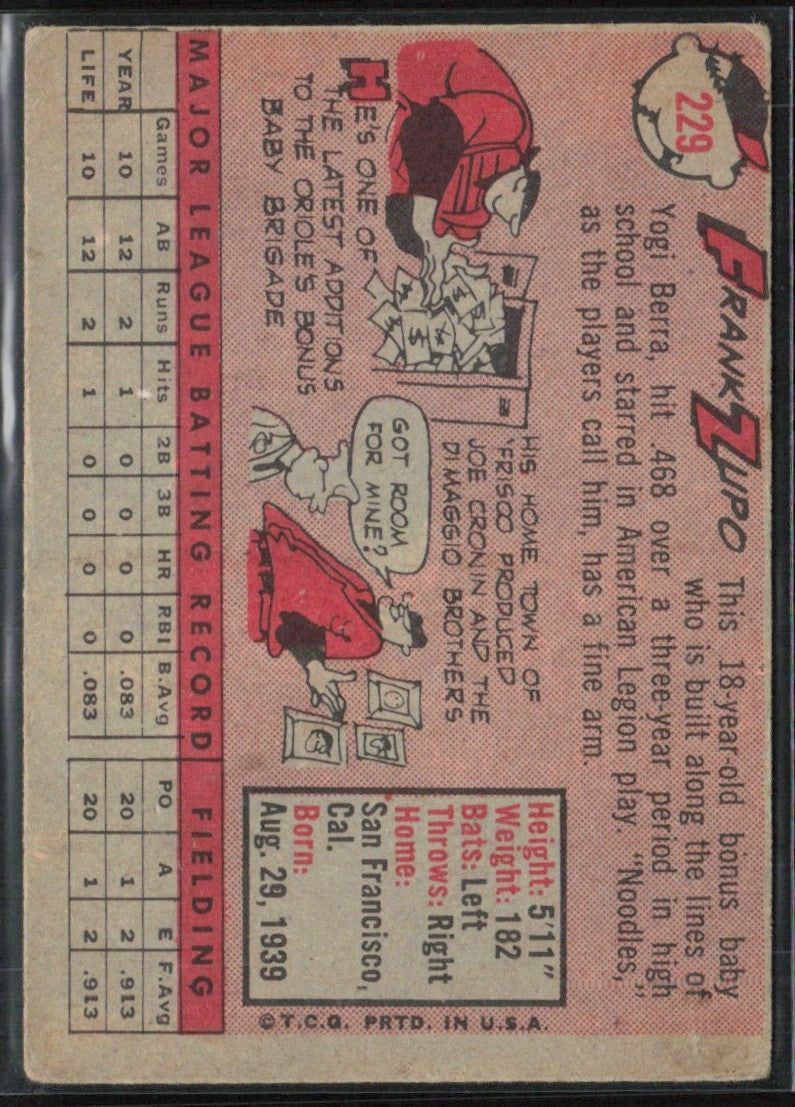 Frank Zupo 1958 Topps RC #229.0 Baltimore Orioles