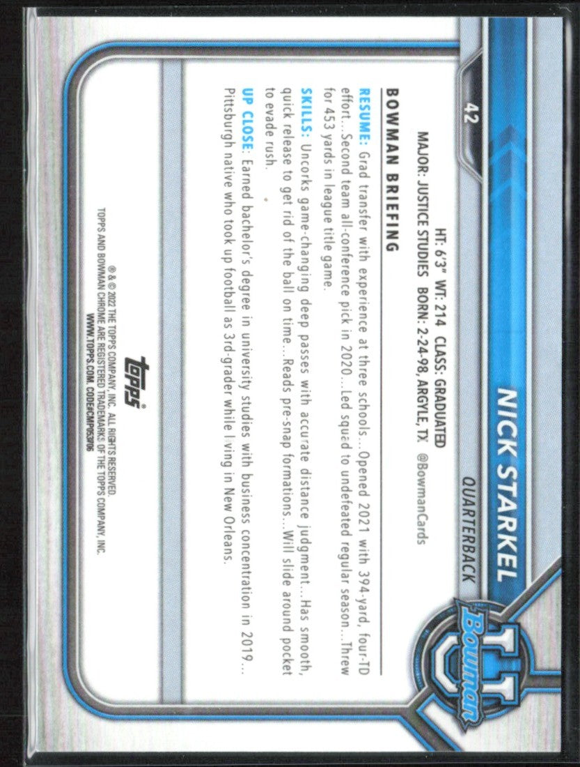 Nick Starkel 2022 Bowman University Chrome Aqua Refractor /299 #42