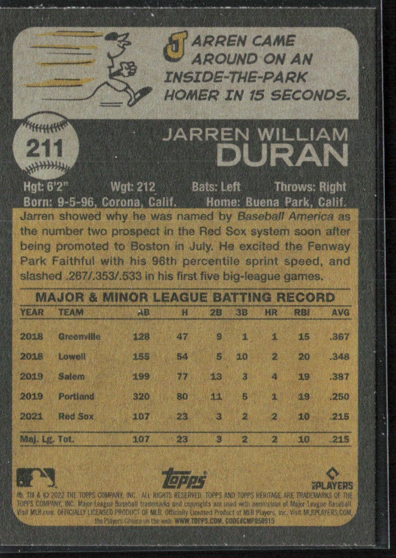 Jarren Duran 2022 Topps Heritage RC #211 Boston Red Sox