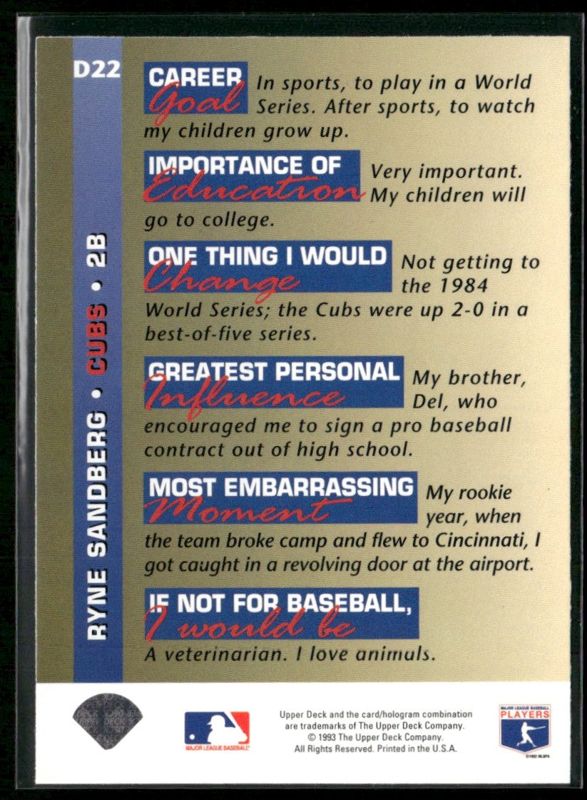 Ryne Sandberg 1993 Upper Deck On Deck #D22 Chicago Cubs