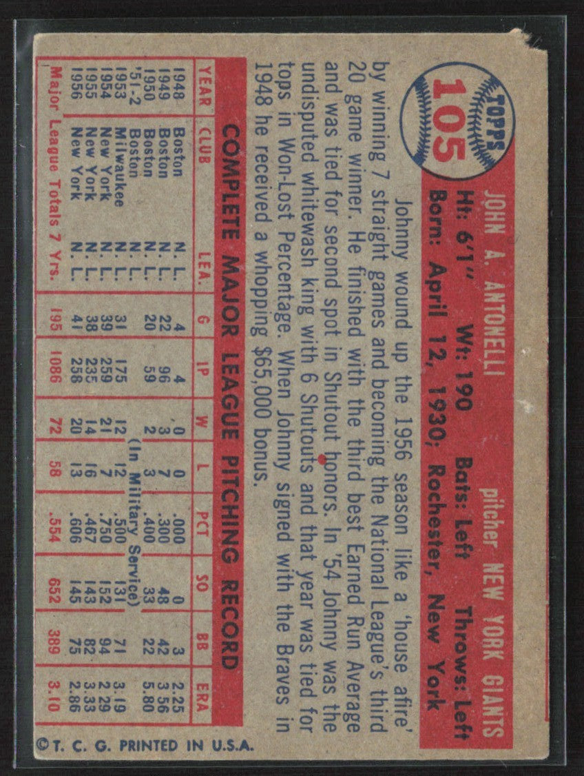 Johnny Antonelli 1957 Topps #105 New York Giants