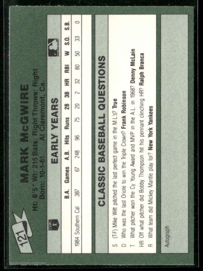Mark McGwire 1989 Classic #121 Oakland Athletics