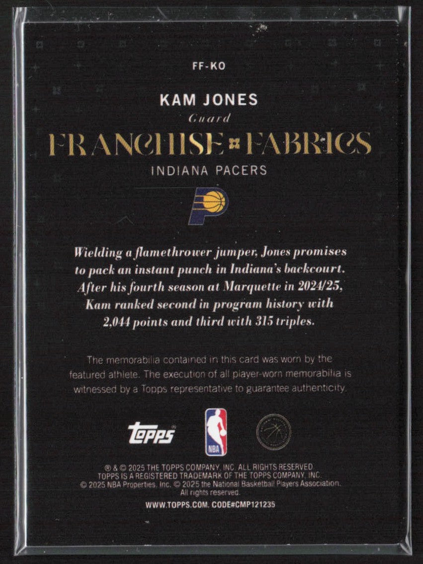 Kam Jones 2025 Topps Franchise Fabrics RC Jersey #FF-KO Indiana Pacers