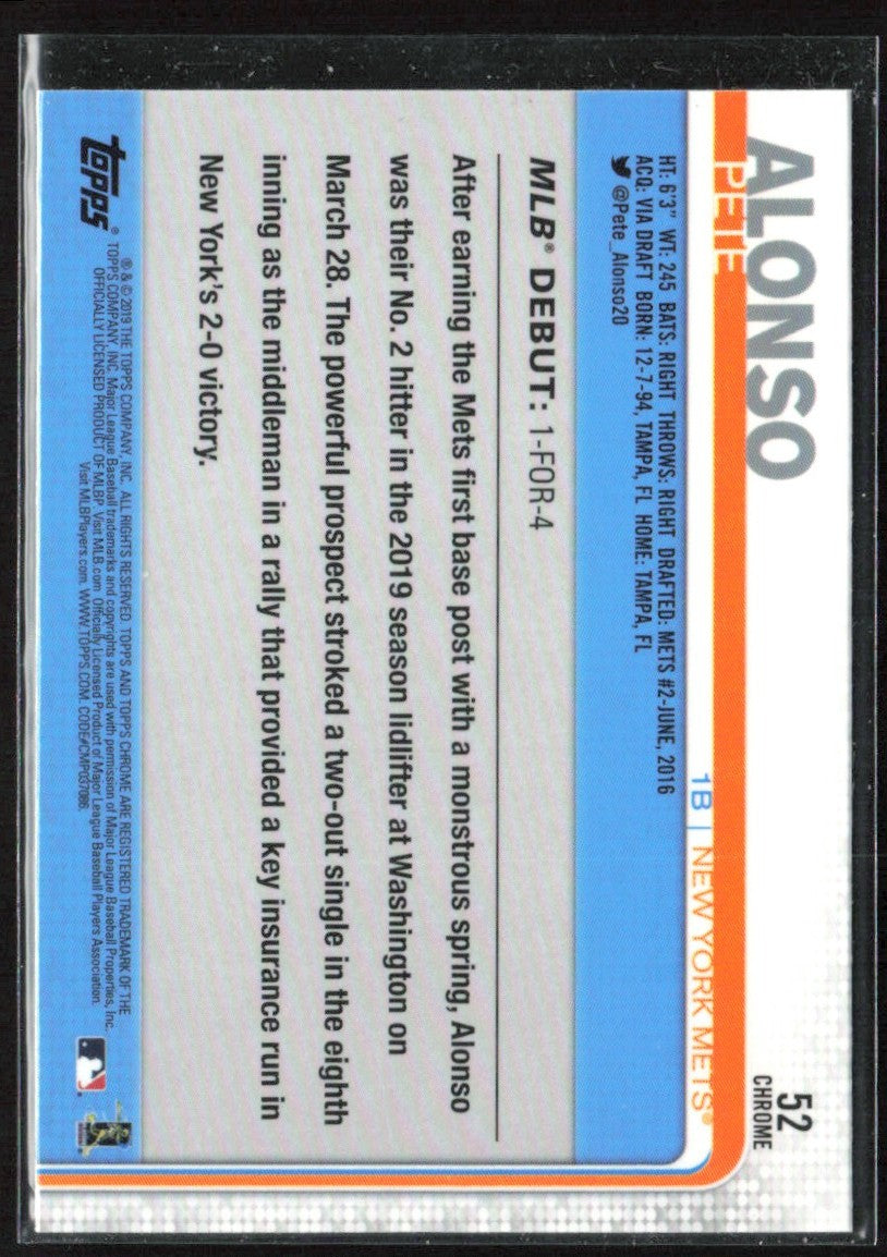 Pete Alonso 2019 Topps Chrome Update RC #52 New York Mets