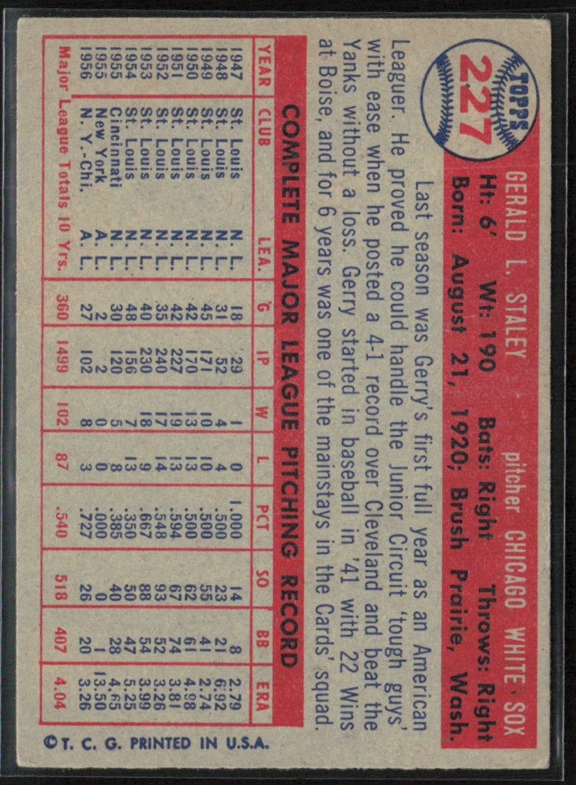 Jerry Staley 1957 Topps #227 Chicago White Sox