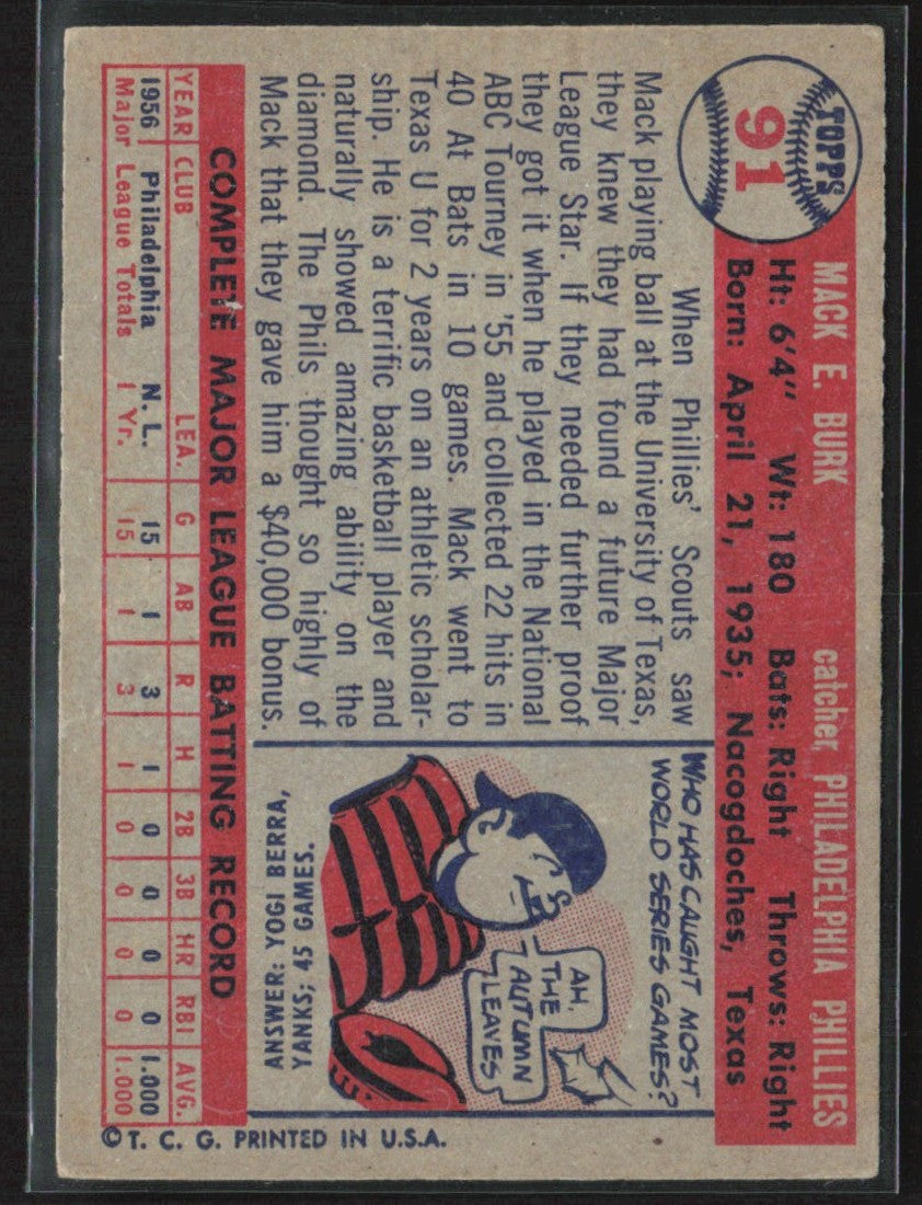 Mack Burk 1957 Topps RC #91 Philadelphia Phillies