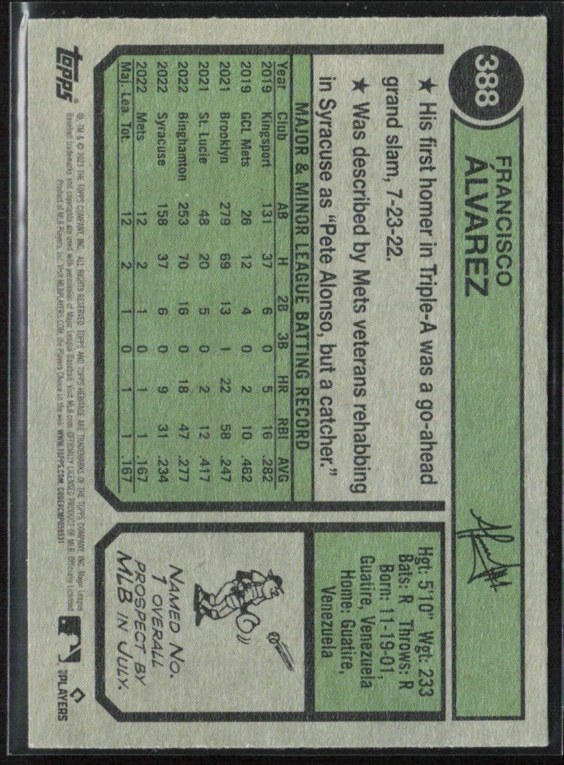 Francisco Alvarez 2023 Topps Heritage RC #388 New York Mets