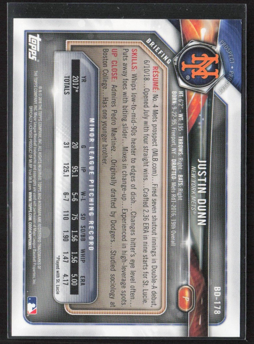 Justin Dunn 2018 Bowman Draft Purple /250 #BD-178 New York Mets