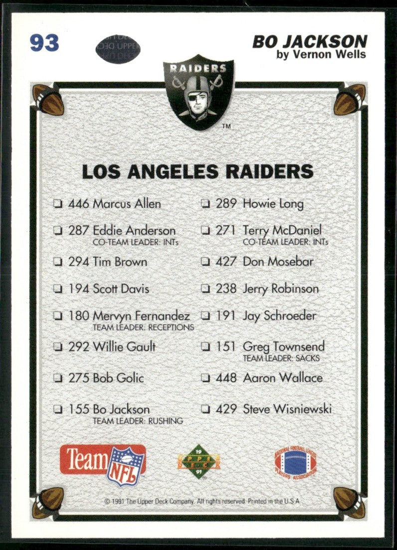 Bo Jackson 1991 Upper Deck #93 Los Angeles Raiders