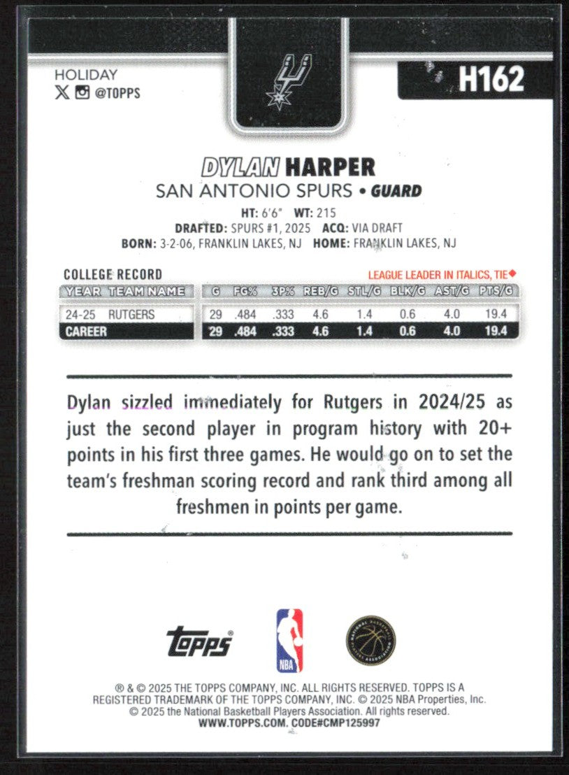 Dylan Harper 2025 Topps Holiday RC #H162 San Antonio Spurs