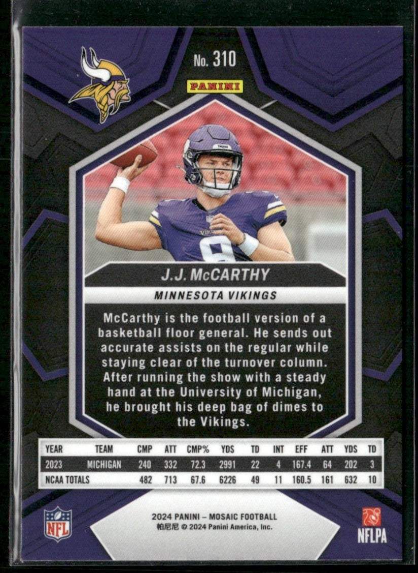 J.J. McCarthy 2024 Panini Mosaic RC #310 Minnesota Vikings