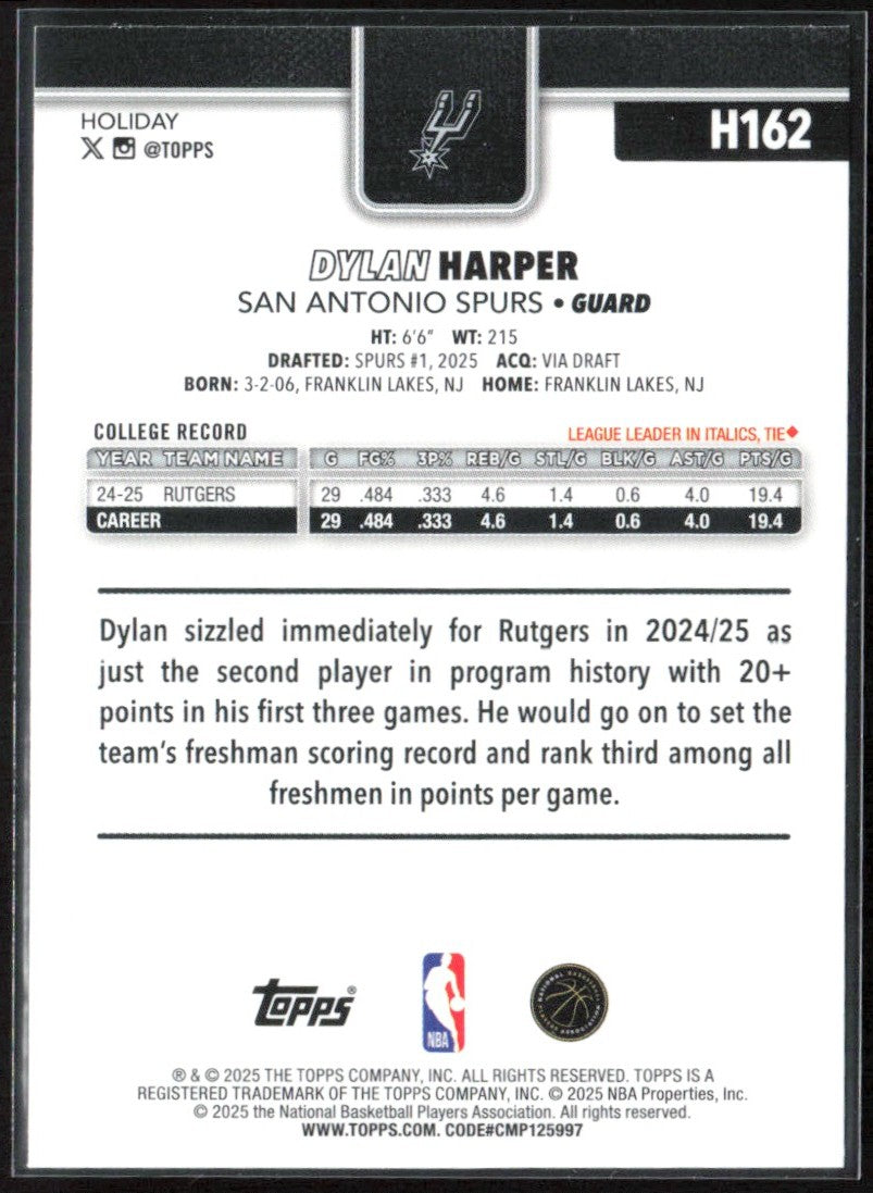Dylan Harper 2025 Topps Holiday RC #H162 San Antonio Spurs