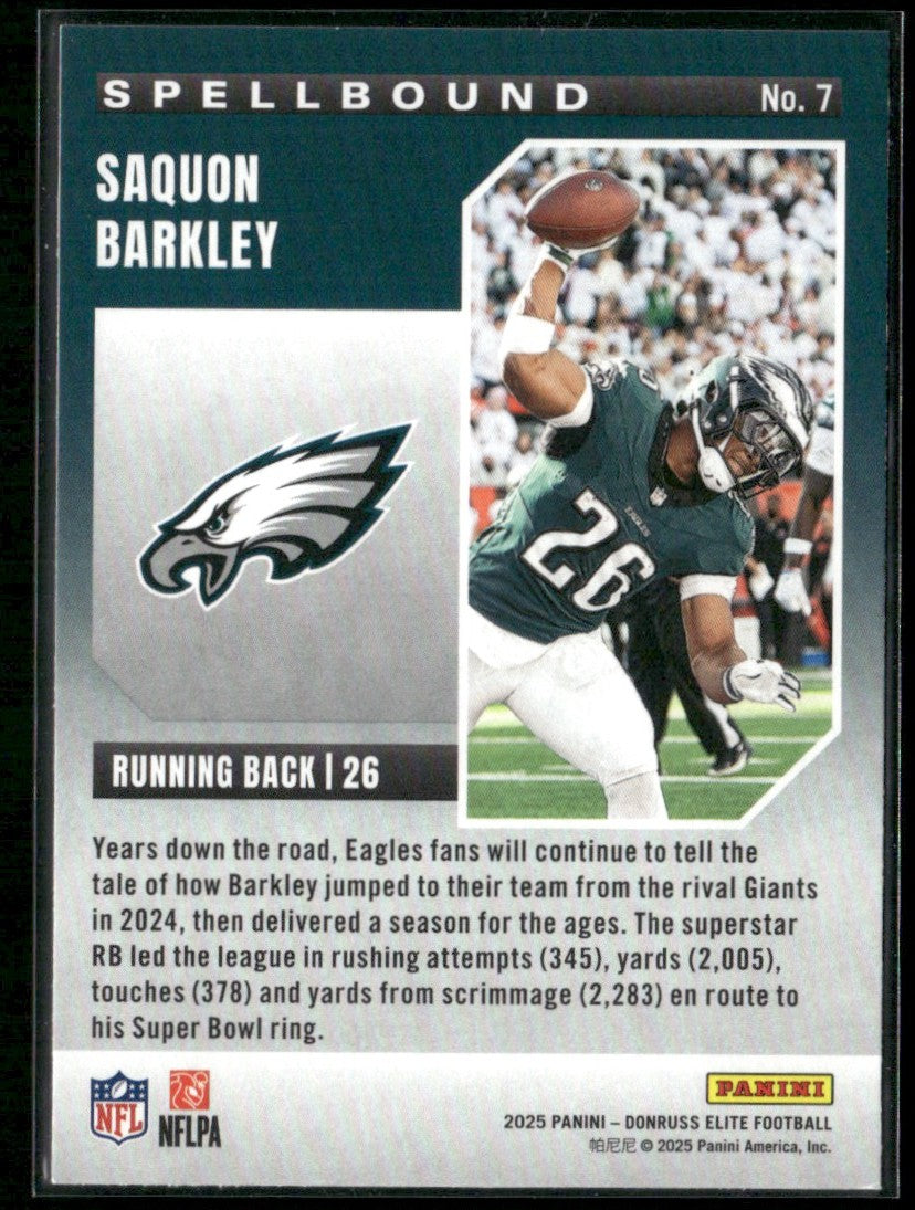 Saquon Barkley 2025 Donruss Elite Spellbound Y Green #7 Philadelphia Eagles
