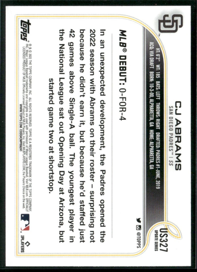 CJ Abrams 2022 Topps Update RC #US327 San Diego Padres