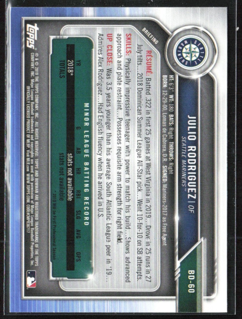Julio Rodriguez 2019 Bowman Draft #BD-60 Seattle Mariners