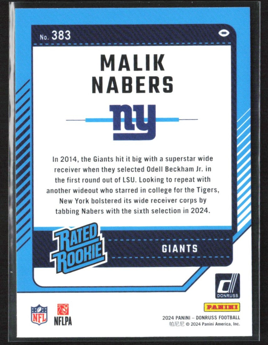 Malik Nabers 2024 Donruss Press Proof Blue RC #383 New York Giants