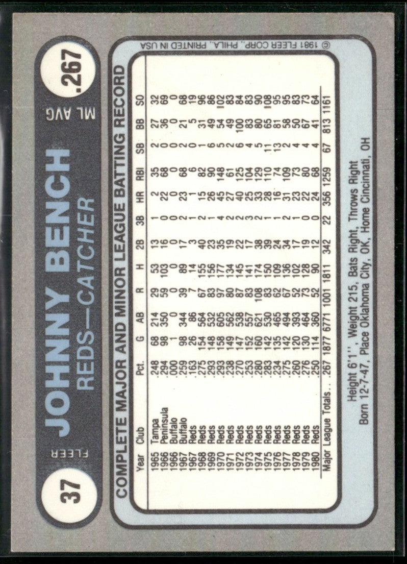 Johnny Bench 1981 Fleer Star Stickers #37 Cincinnati Reds