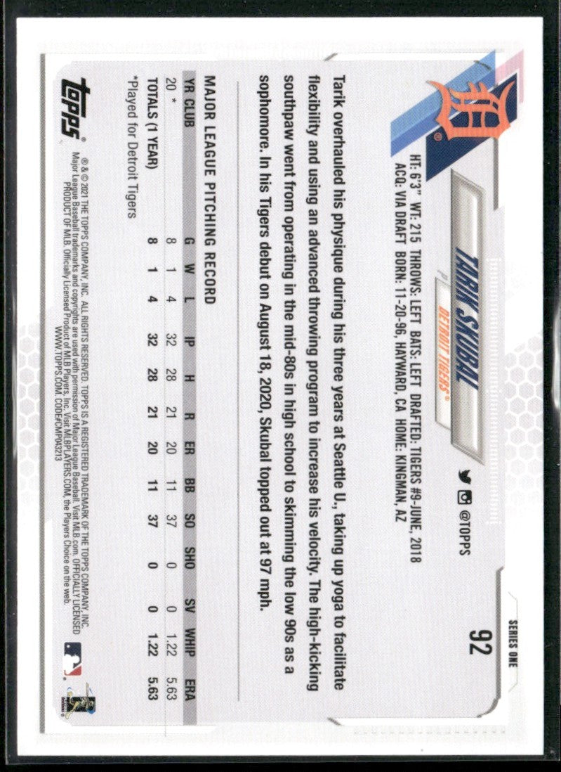 Tarik Skubal 2021 Topps RC #92 Detroit Tigers