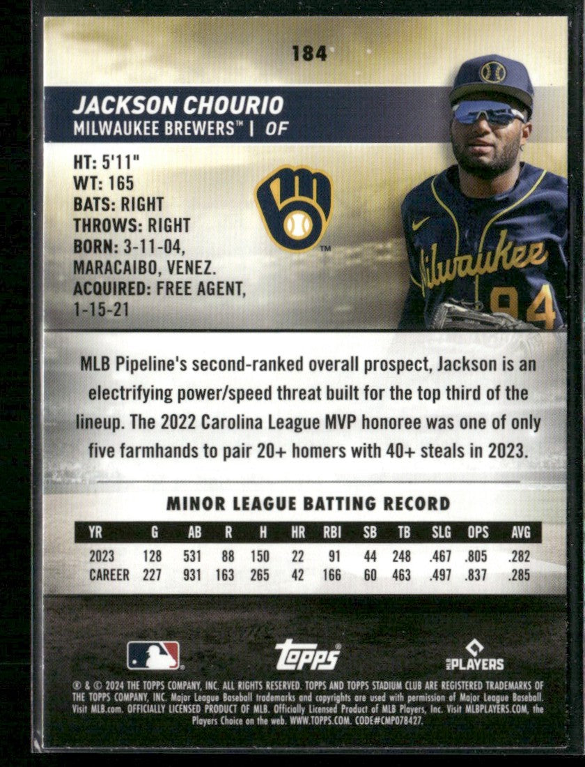 Jackson Chourio 2024 Topps Stadium Club RC #184 Milwaukee Brewers