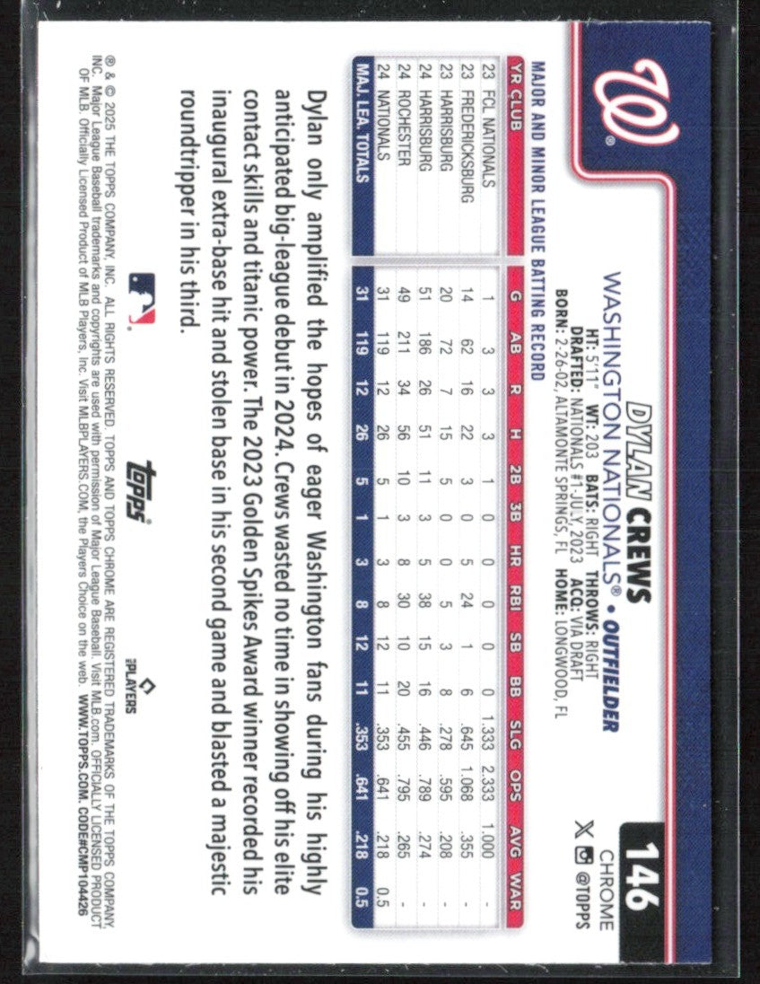 Dylan Crews 2025 Topps Chrome RC #146 Washington Nationals