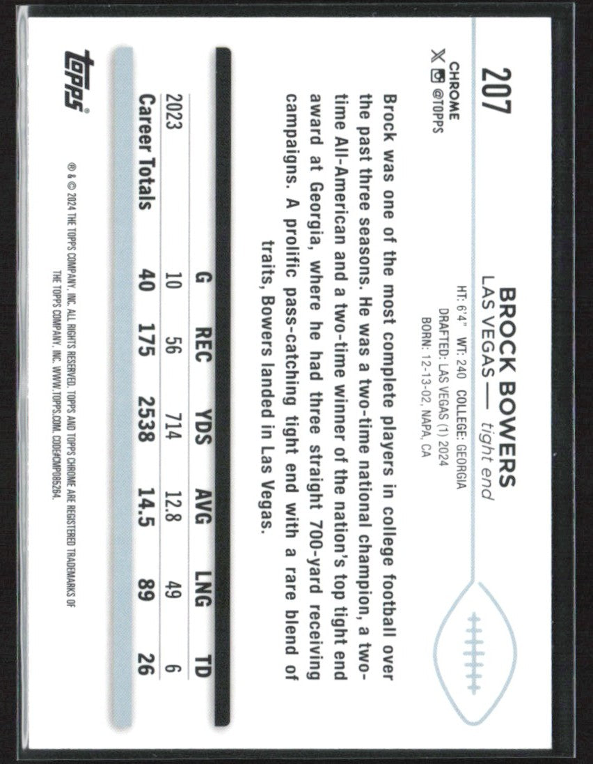 Brock Bowers 2024 Topps Chrome Sepia Refractor RC #207 Las Vegas Raiders