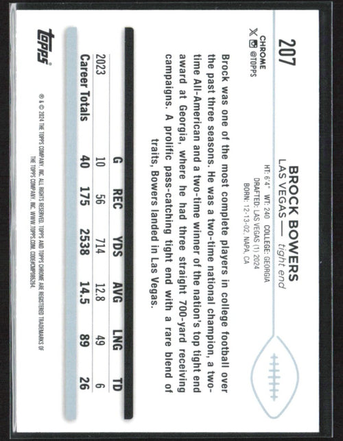 Brock Bowers 2024 Topps Chrome Sepia Refractor RC #207 Las Vegas Raiders