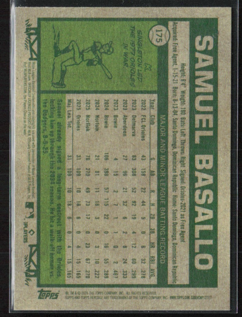 Samuel Basallo 2026 Topps Heritage RC #175 Baltimore Orioles