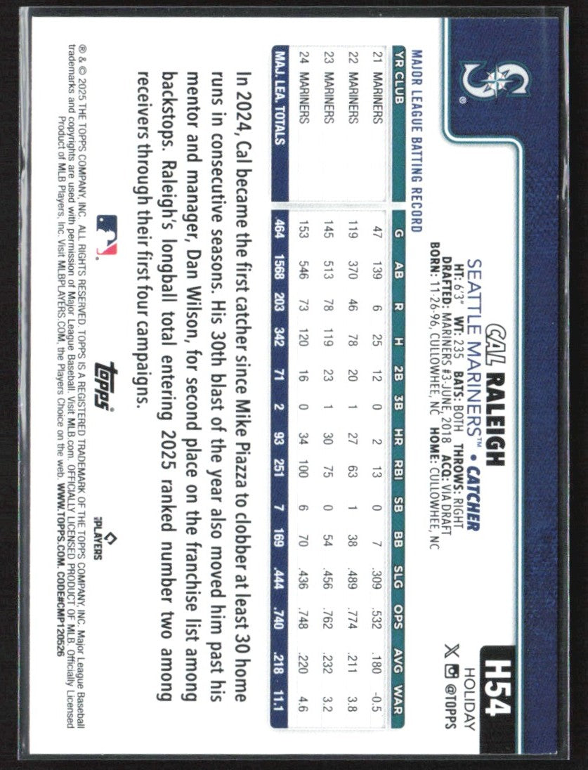 Cal Raleigh 2025 Topps Holiday Green Plaid #H54 Seattle Mariners