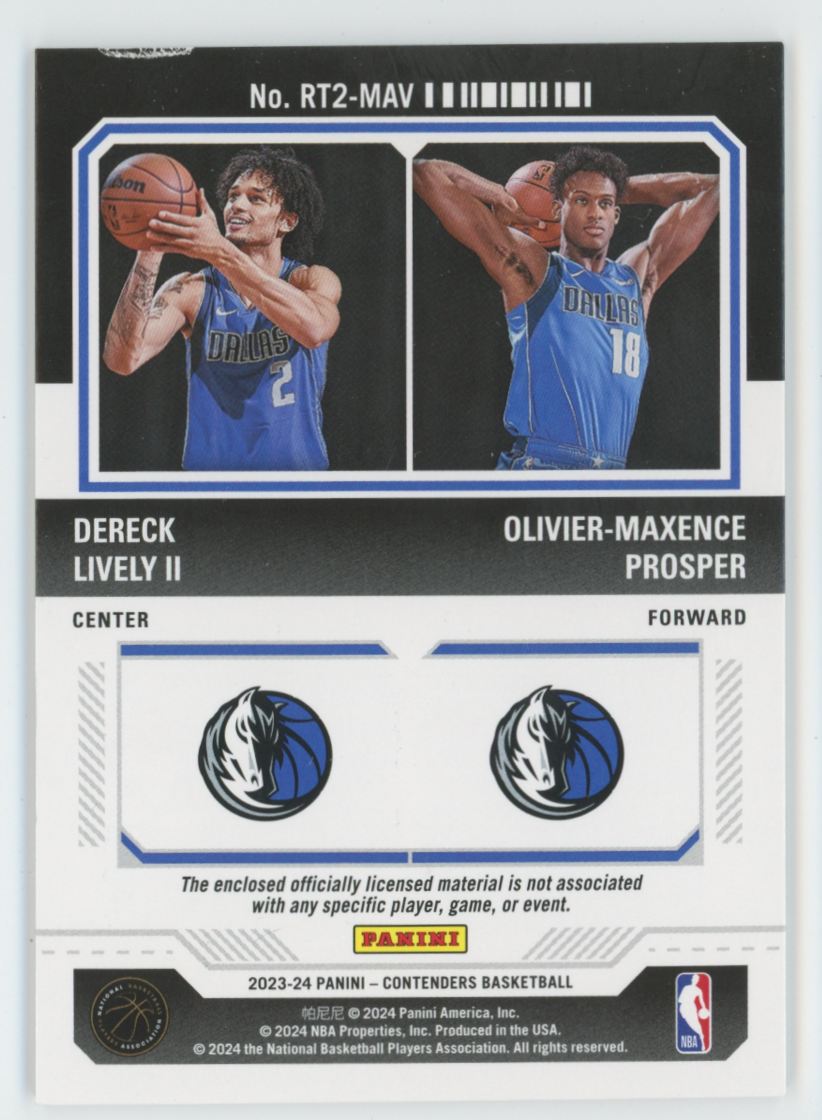 Dereck Lively Olivier-Maxence Prosper 2023 Panini Contenders Rookie Ticket RC