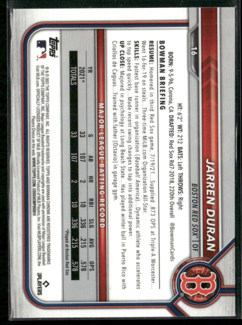 Jarren Duran 2022 Bowman Chrome RC #16 Boston Red Sox
