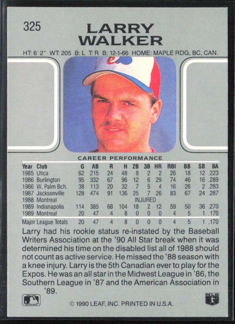 Larry Walker 1990 Leaf RC #325 Montreal Expos