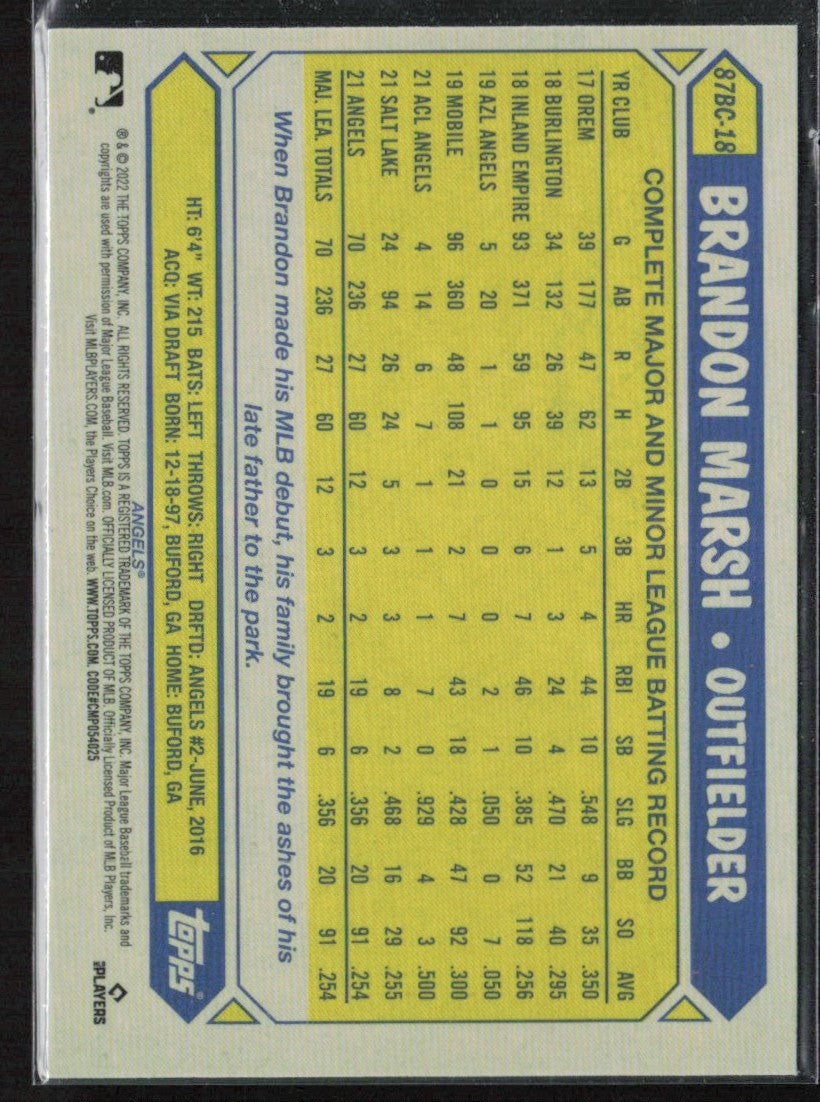 Brandon Marsh 2022 Topps Chrome 1987 Design RC #87BC-18 Los Angeles Angels