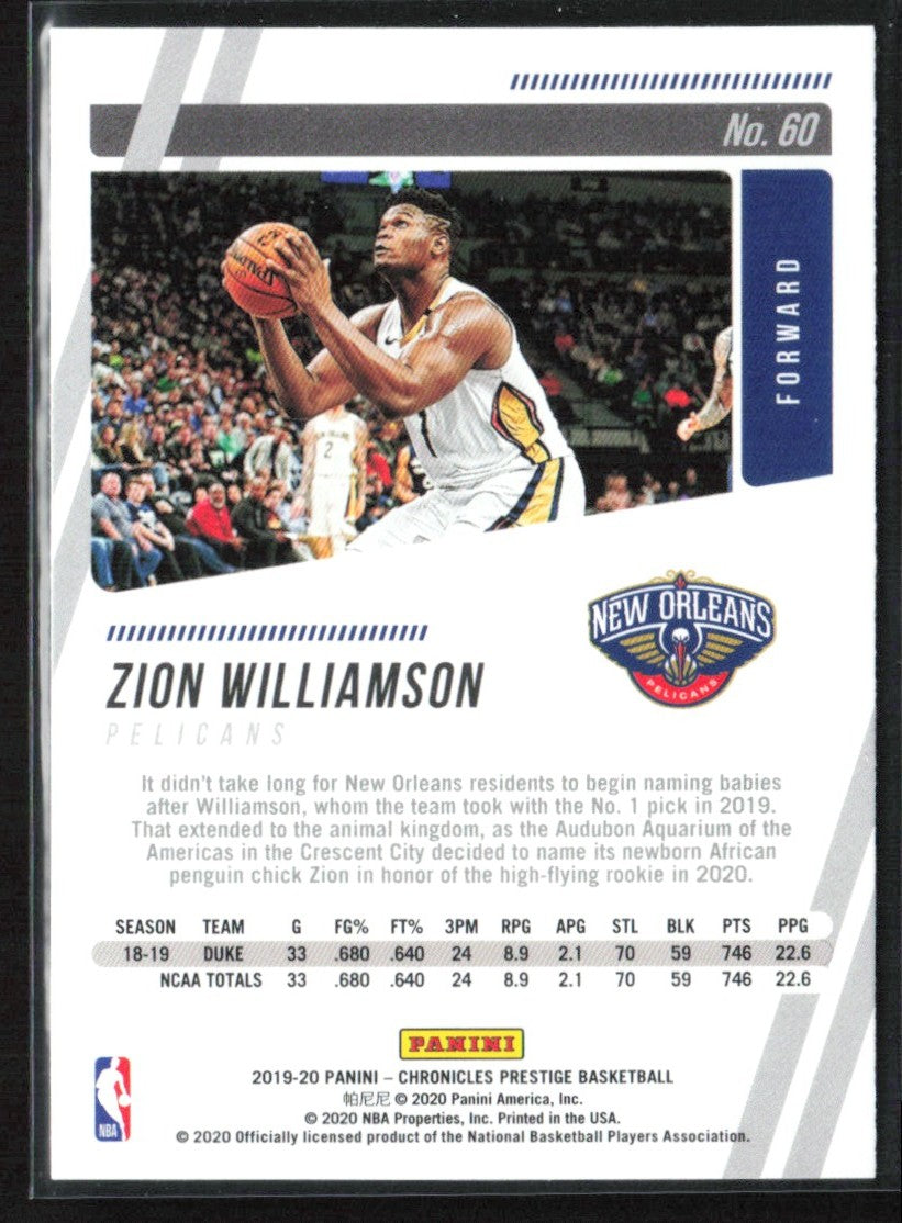 Zion Williamson 2019 Panini Chronicles Prestige Pink RC #60 New Orleans Pelicans