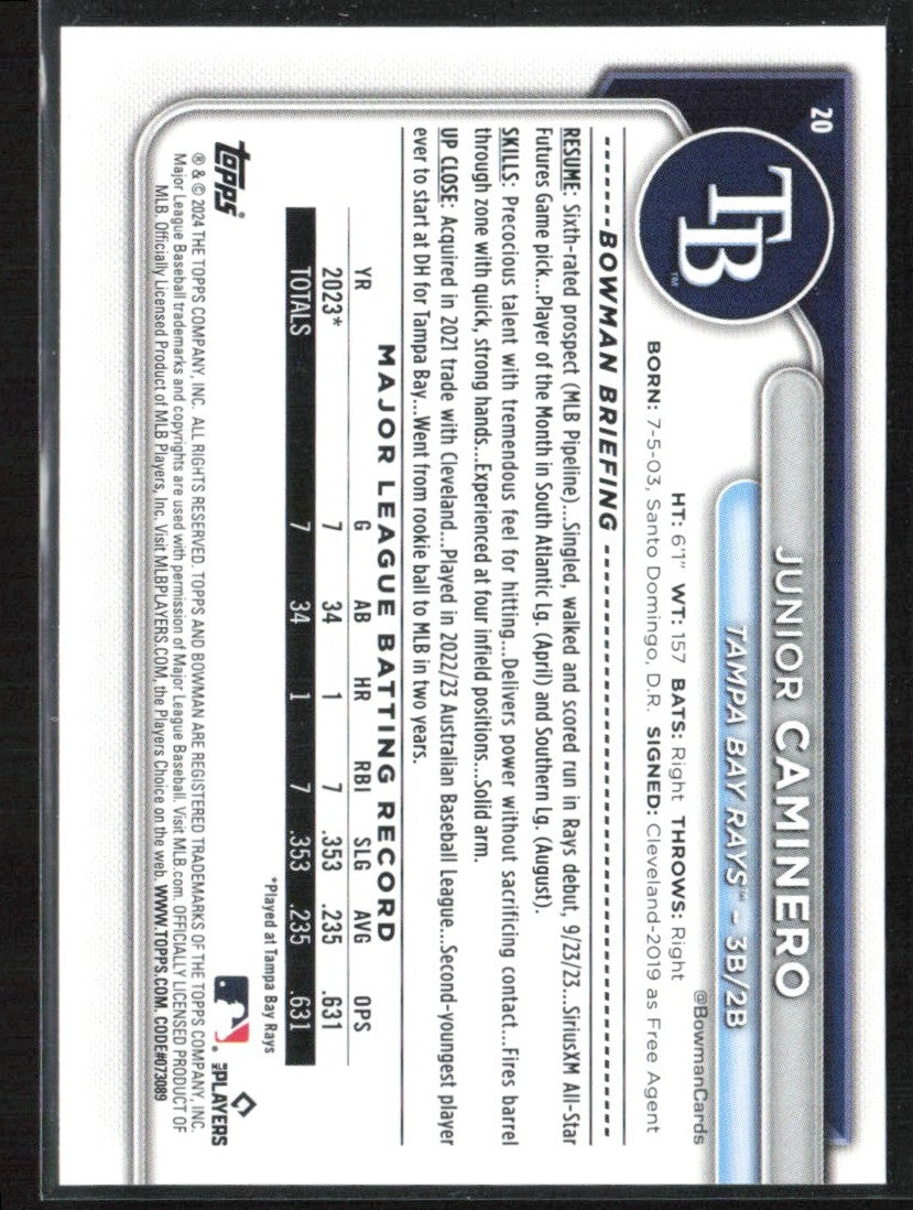 Junior Caminero 2024 Bowman RC #20 Tampa Bay Rays