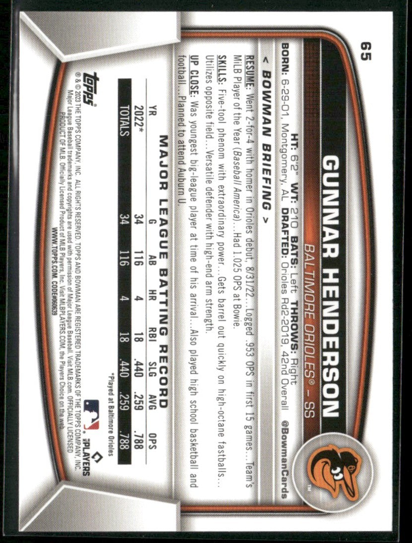 Gunnar Henderson 2023 Bowman RC #65 Baltimore Orioles