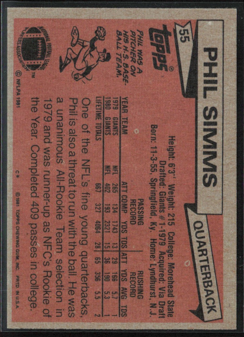 Phil Simms 1981 Topps #55 New York Giants