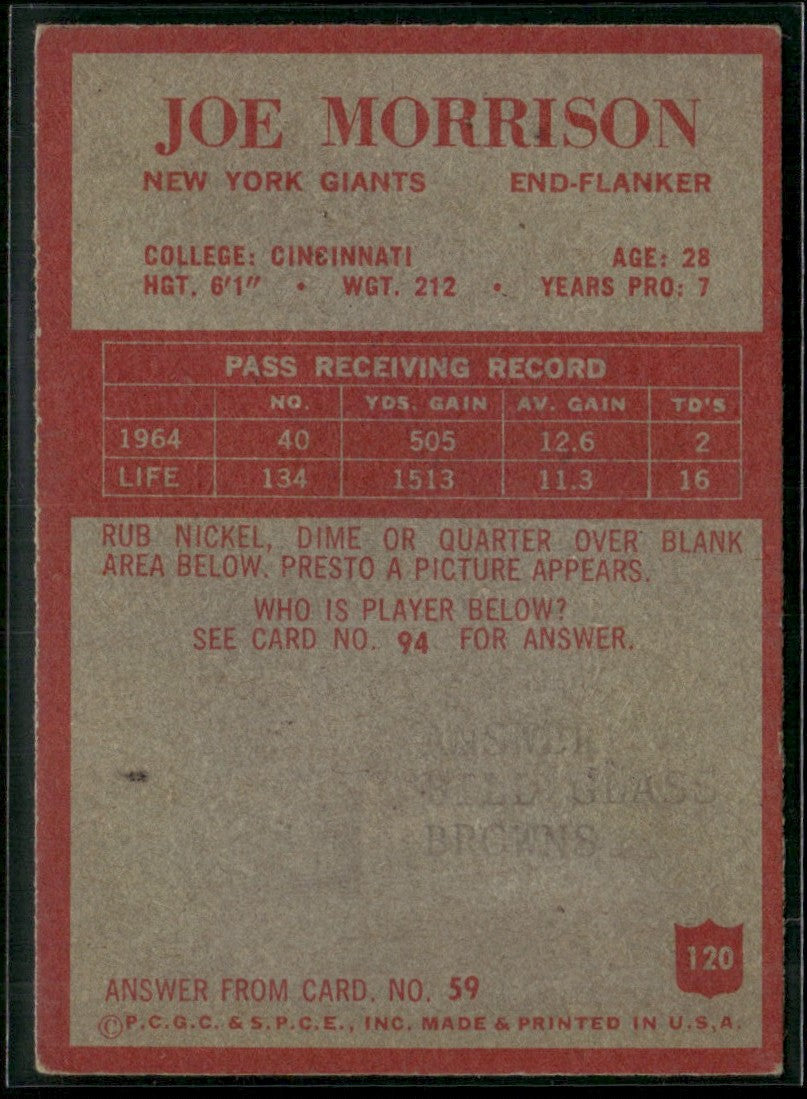 Joe Morrison 1965 Philadelphia RC #120 New York Giants