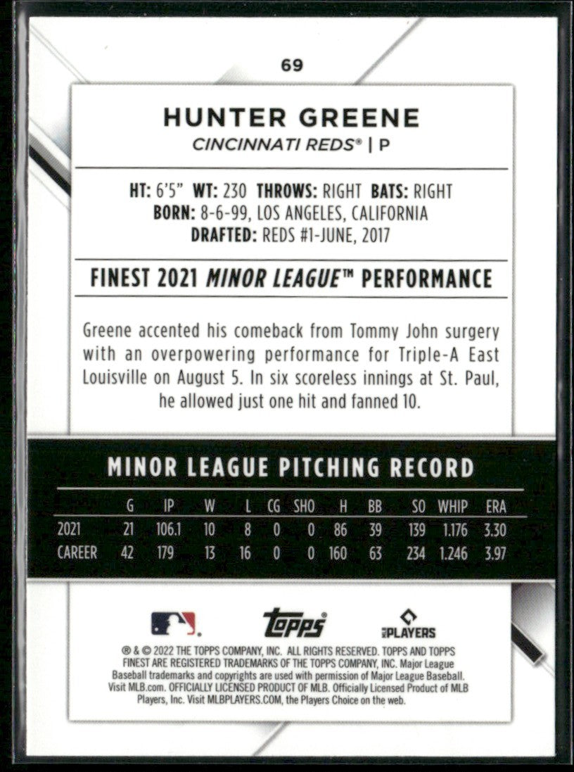 Hunter Greene 2022 Topps Finest RC #69 Cincinnati Reds
